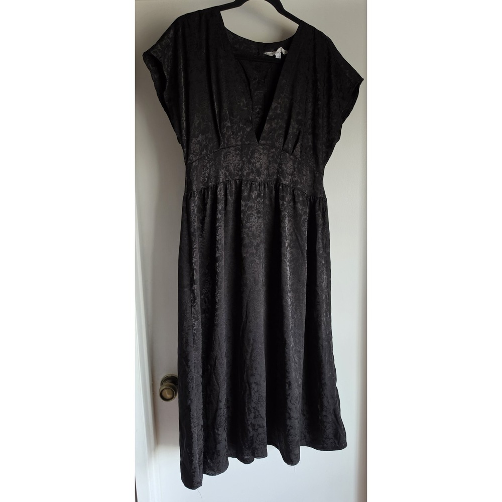 Urban Renewal Floral Midi Dress L Black V-Neck Short Sleeve Cotton Retro